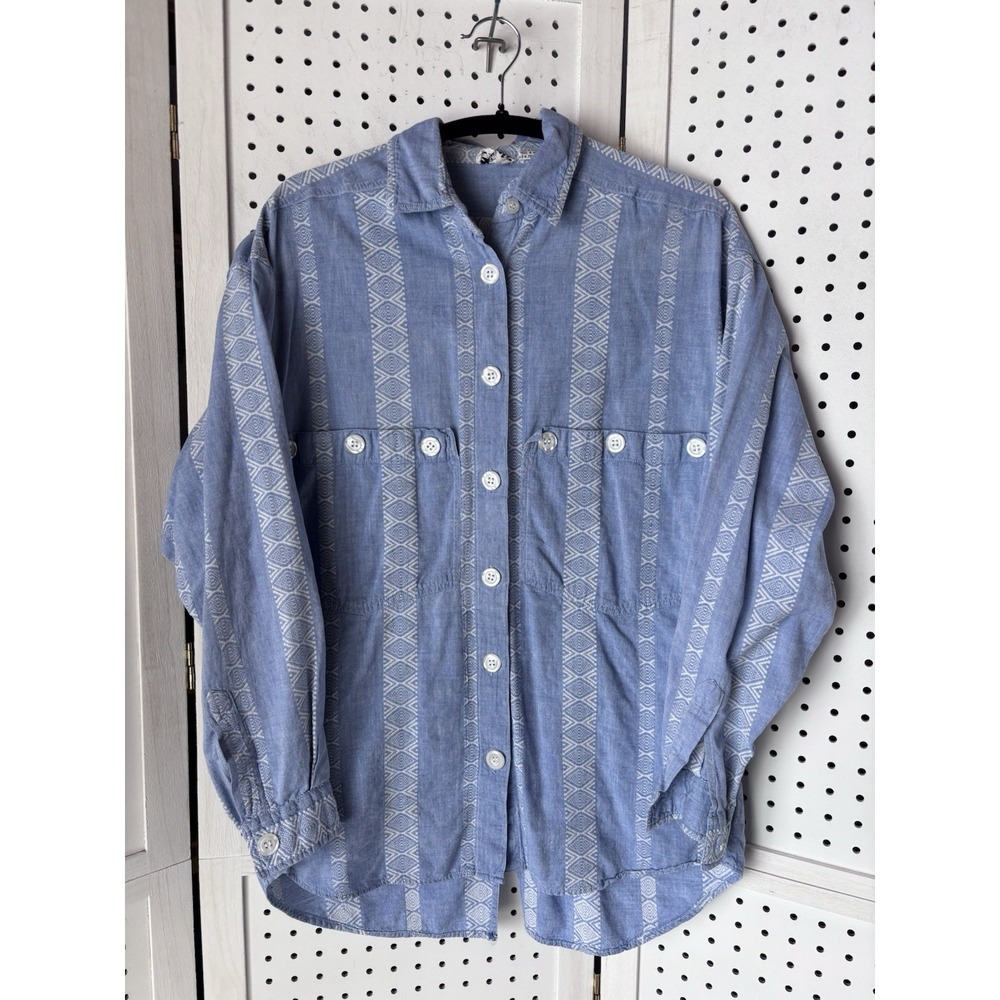 Entity Women's M Button Down Striped Embroidered Chambray Shirt 100% Cotton